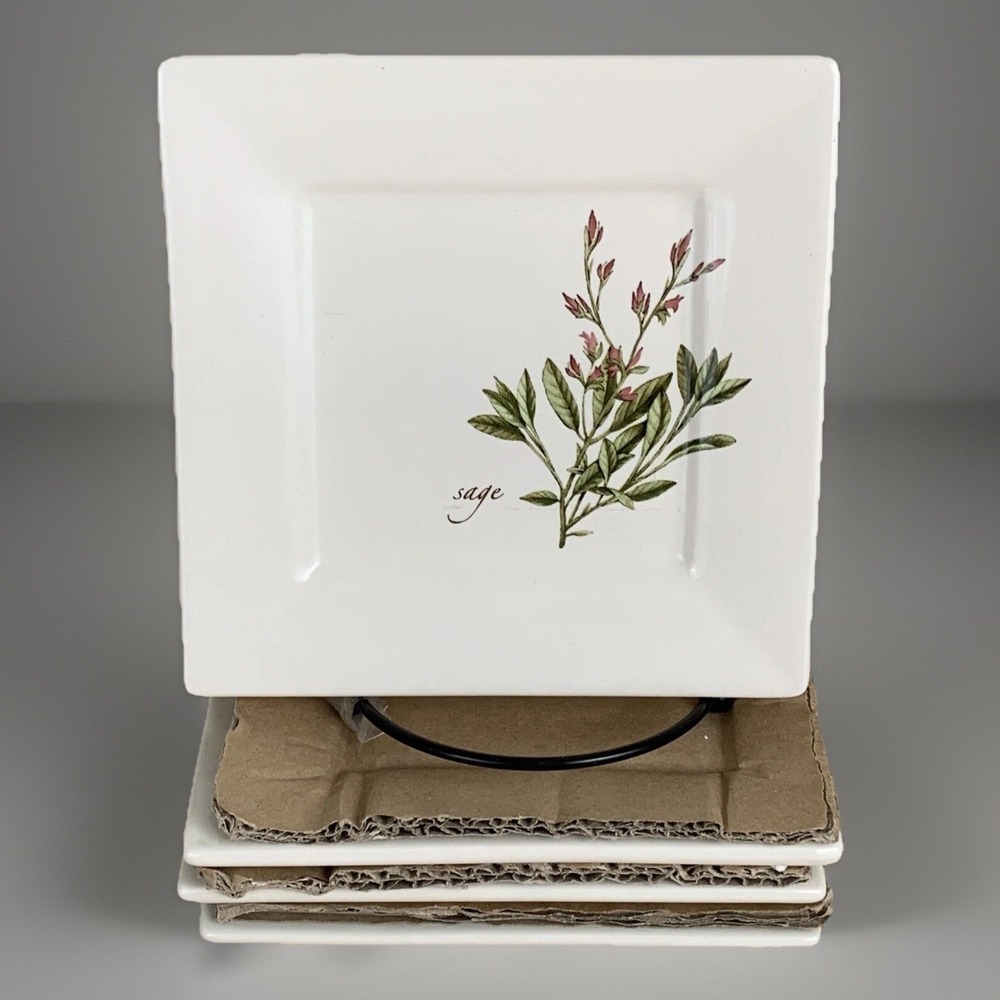 Mallory Lane 6" Square Herb Plates Sage Lavender Chives Dill Ceramic White Set/4
